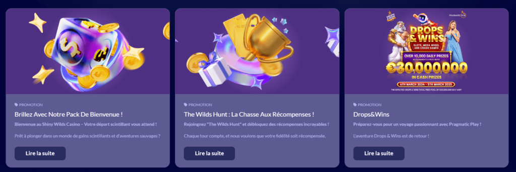 les bonus et promotions shiny wild casino